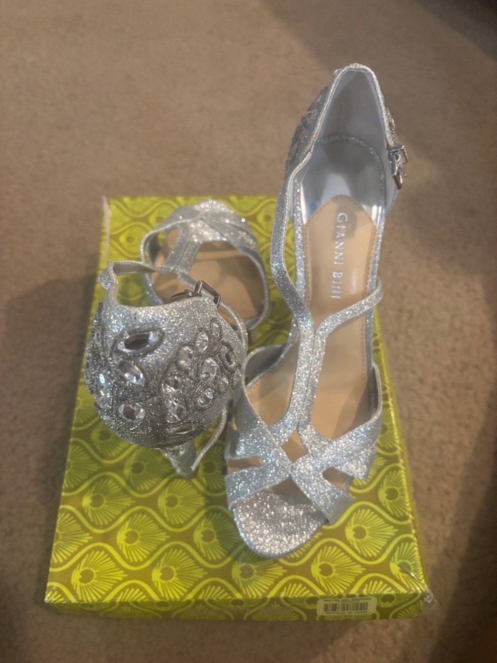 Gianni Bini Silver Glitter T-Strap Evening Heels with Rhinestone Accent